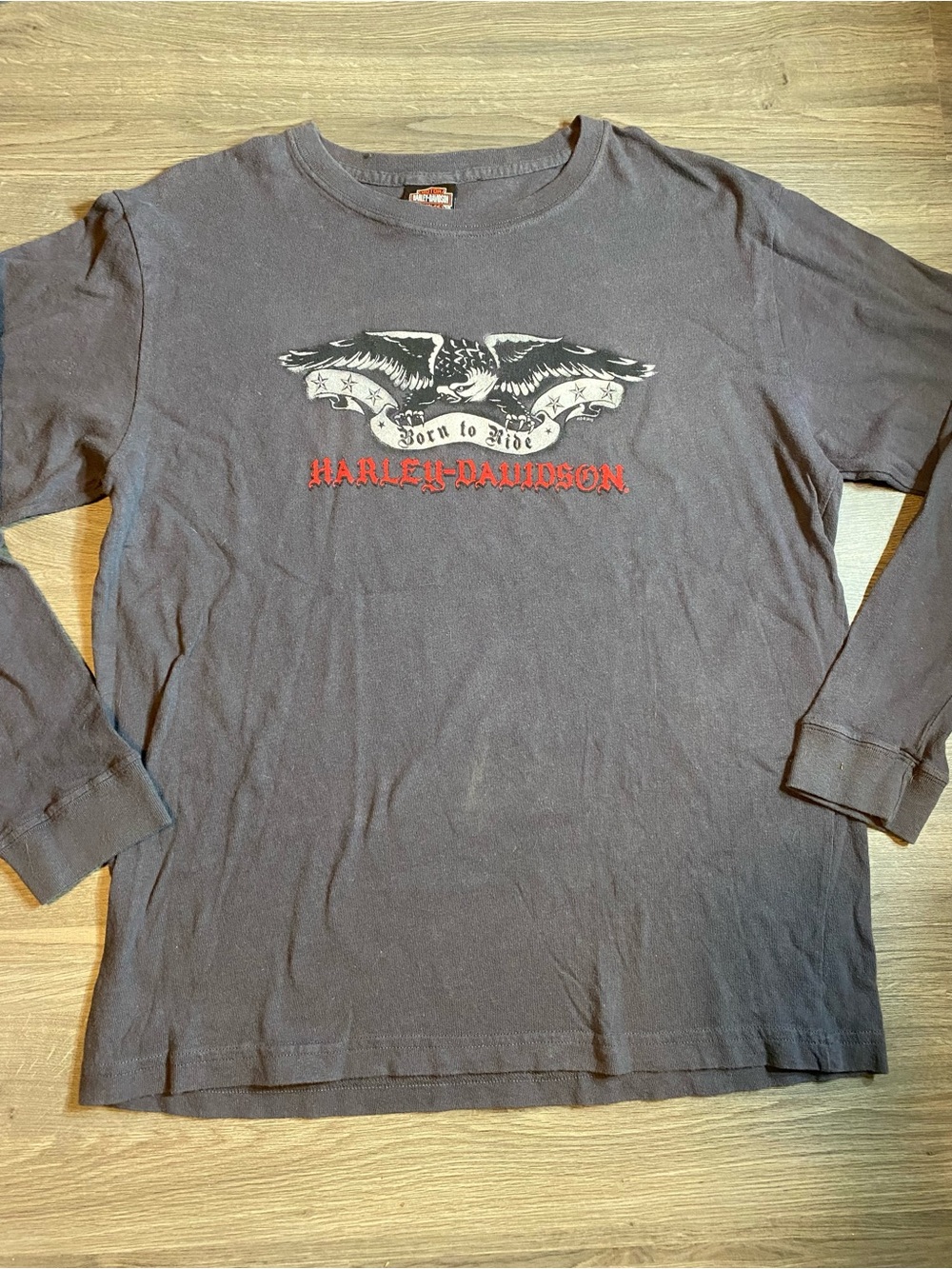 Y2K Harley-Davidson Grey Long Sleeve 'Born to Ride' Eagle Graphic Tee